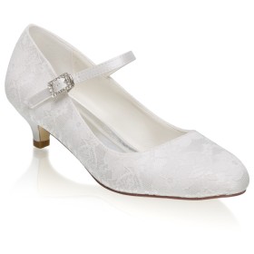 Cerimonia In Raso 4 cm Tacco Basso Bianco Fibbia A Fiori Eleganti Décolleté Pizzo Punta Tonda Scarpe Da Sposa