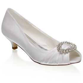 Open Toe Pumps Low Heel Slip On White With Rhinestones With Metal Jewelry Wedding Shoes