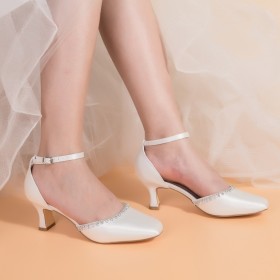 Formele Elegante Gesp Bruidsschoen Satijnen Met Enkelbandje Witte 6 cm Heels Sandaal Dames