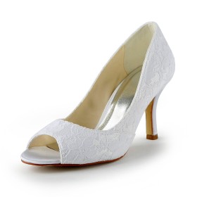 With Flower Bridal Shoes Round Toe Elegant Slip On Pumps Peep Toe 8 cm High Heels Stiletto