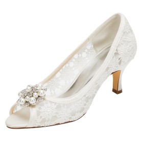 Sandalo Scarpe Da Cerimonia Raso Eleganti Scarpe Da Sposa Tacchi A Spillo Punta Tonda Tacchi Medio 7 cm Decollete Con Perle Avorio Con Strass Con Fibbia