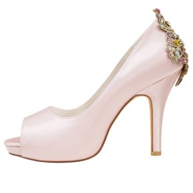 Pink Pumps Kristall Elegante Mit Strasssteine Stilettos Peeptoe Mit 10 cm High Heel Satin Brautschuhe Sandaletten Damen