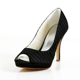 Schwarze 10 cm High Heels Festliche Schuhe Mit Absatz Schlupfschuhe Satin Sandalen Damen Stilettos