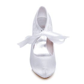 Satin Brautschuhe Weiß Pumps Festliche Schuhe Schnürschuhe 10 cm High Heels Elegante