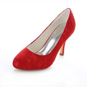 Red High Heels Lace Wedding Shoes For Bridal Closed Toe Pumps Evening Party Shoes Slip On
