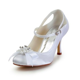 Wedding Shoes For Women 8 cm High Heel Round Toe Pumps With Bow Ankle Strap Evening Party Shoes