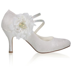 Stilettos Pumps With Flower 3 inch High Heel Strappy Tulle Party Shoes White