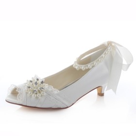 Low Heels Peep Toe Wedding Shoes For Bridal With Ankle Strap Satin Kitten Heel Rhinestones Pumps