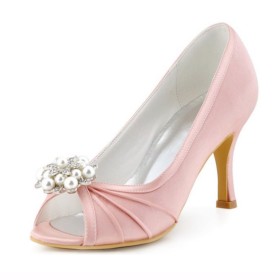 Eleganti Sandalo Con Perle Con Strass Decollete Scarpe Cerimonia Con Tacco Alto Scarpe Da Sposa Rose Di Raso Tacchi A Spillo