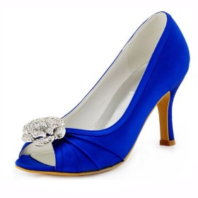 Elegant Slip On Royal Blue High Heel Pleated Wedding Shoes Flowers Stiletto Rhinestones Round Toe With Metal Jewelry Peep Toe Dress Shoes