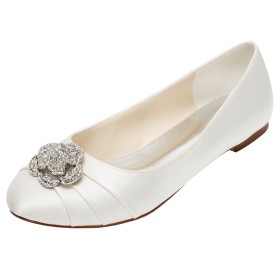 Flats Wedding Shoes For Bridal Satin Pleated With Metal Jewelry Elegant Round Toe