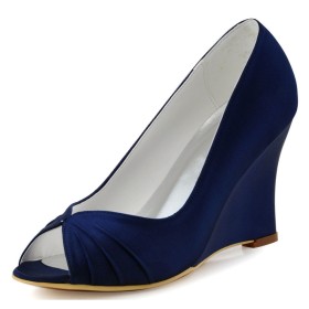 Pumps Sandaal Dames Sleehak Bruidsschoen 8 cm Hoge Hakken Navy Blauwe Peeptoe