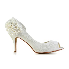 Bout Rond Fleur Strass Chaussure De Mariée Talon Aiguille Appliques Escarpin Talon Haut 2021 Ivoire Dentelle Bout Ouvert Elegante Chaussure De Soirée Satin