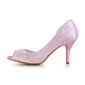 Slip On Embossed Party Shoes Open Toe Wedding Shoes For Women Stiletto 8 cm High Heels Pink Pumps