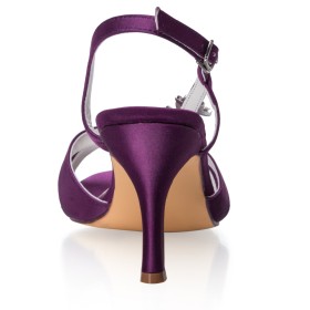 Mooie Aubergine Gesp Satijnen Ronde Neus Sandaal Dames 8 cm Highheel Naaldhak