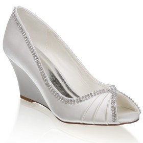 Satin Pleated Peep Toe Wedges Wedding Shoes For Bridal Elegant Pumps