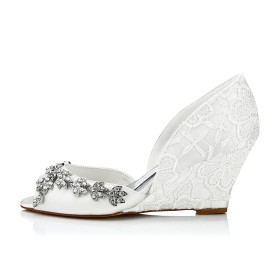 Sandales Bijoux En Métal Chaussure De Soirée Chaussure Mariage Compensée Talon Mi Haut Dentelle Élégant Strass Ivoire Bout Rond