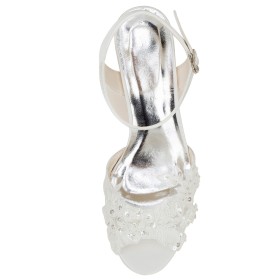 Creme 8 cm High Heel Mit Perle Festliche Schuhe Sandalen Damen Brautschuhe Stiletto Spitzenmuster