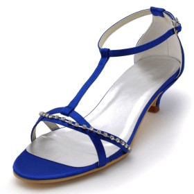 Sandali Donna Con Lacci Blu Elettrico Scarpe Cerimonia Eleganti Scarpe Da Sposa Tacchi Basso In Raso Punta Tonda Con Catena Fibbia Cinturino Alla Caviglia Con Strass