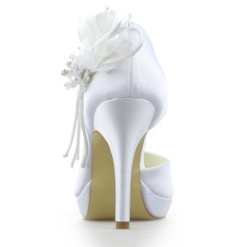 Stiletto Party Shoes Wedding Shoes For Women 4 inch High Heel Round Toe White Satin Appliques Peep Toe