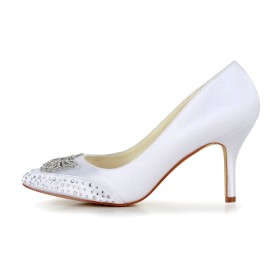 Bianche A Punta Tacco A Spillo Decollete Raso 8 cm Tacchi Alto Con Strass Con Catena Fibbia Scarpe Da Sera Scarpe Sposa