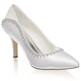 Beautiful Pointed Toe White High Heel Bridal Shoes Satin Pumps Stiletto