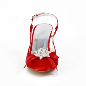 Red Tulle Womens Sandals 3 inch High Heeled Satin Party Shoes Pointed Toe Wedding Shoes For Bridal