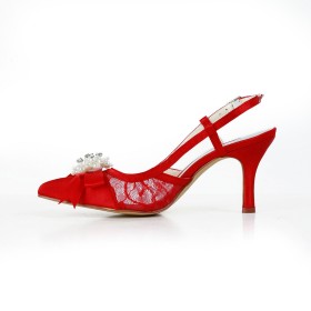 Boucle Chaussure De Mariée Avec Noeud Ajourée Satin Avec Strass Talon 8 cm Rouge Sandale Bout Pointu