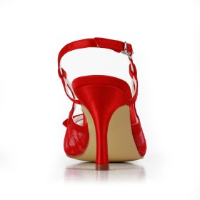 Gesp Satijnen Rood Met Strik Gala Parel Cut Out Sandalette 8 cm High Heel Bruidsschoenen