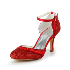 Brillante Noeud Boucle Rouge Chaussures Mariée Paillettes Escarpins Chaussure De Soirée Bride Cheville Luxe A Talon