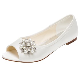 Wedding Shoes For Bridal Formal Dress Shoes Summer Peep Toe Flats Pearls