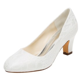 Abendschuhe Schlupfschuhe Ivory Satin Stilettos Geblümte Pumps Rund Spitze 6 cm Mittlerer Absatz Geschlossene Brautschuhe Elegante Schuhe Damen