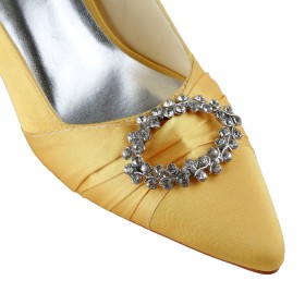 Schuhe Mit Strasssteine Ballschuhe Mit 4 cm Niedriger Absatz Elegante Spitz Brautschuhe Metallschmuck Gelbe