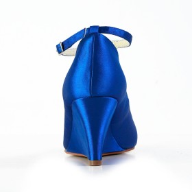 Round Toe Ankle Strap Pumps Satin Wedding Shoes For Bridal Beautiful Wedge Peep Toe Mid Heels Dress Shoes