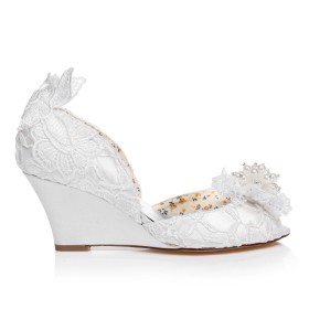 Élégantes Sandale Perlée Appliques D orsay Fleurs Chaussure De Mariée Peep Toes A Talon 7 cm Blanche Chaussure De Soirée Compensées Dentelle