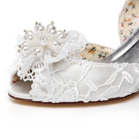 Keilabsatz Weiße Elegante Sommer Aus Spitze Brautschuhe Mit 7 cm Mittlerer Absatz Festliche Schuhe Peeptoe Sandalen Satin