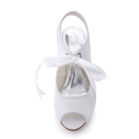 Tacchi Medio 7 cm Raso Eleganti Sandalo Stringate Zeppa Scarpe Da Sposa Spuntate Bianche Scarpe Cerimonia
