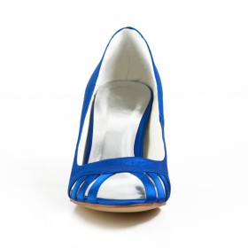 Elegante Sandalen Damen Royalblau Satin Cut Out Peeptoe Stöckelschuhe Rund Spitze Stilettos Abendschuhe Brautschuhe Mit 7 cm Mittlerer Absatz