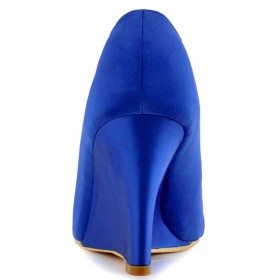Dress Shoes 3 inch High Heel Wedge Pleated Peep Toe Wedding Shoes For Bridal Pumps Royal Blue With Metal Jewelry
