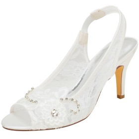 Tacco Alto 8 cm Spuntate Con Strass Tacchi A Spillo Pizzo In Raso A Fiori Sandali Scarpe Da Sera Avorio Eleganti