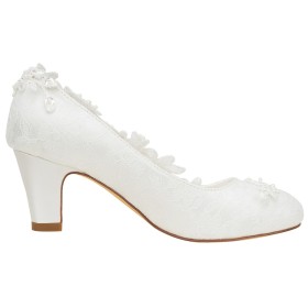 Escarpins Talons Epais Chaussures Pour Femmes Chaussure De Mariée Filet Talon Mi Haut Fleur Ivoire Avec Strass