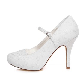 Ete Talon Haut 10 cm Chaussure De Soirée Talons Aiguilles Ceremonie Brodé À Boucle Satin Bout Rond Fleurs Chaussure Mariée Elegante