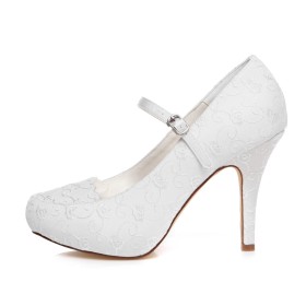 Weiße Geblümte Brautschuhe Stiletto Abendschuhe Festliche Schuhe Stickerei Herbst Satin Mit 10 cm High Heels