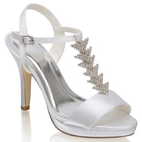 Talon 10 cm Sandale Femmes Ivoire Chaussure Mariée Talons Aiguilles Bride Cheville Satin Avec Strass Boucle