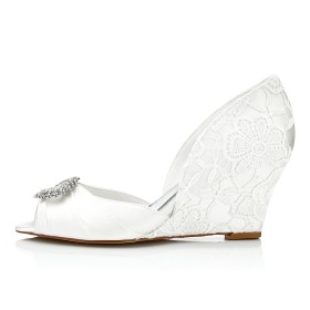 Scarpe Sposa Avorio Con Catena Fibbia Sandali In Raso Con Tacco Medio Spuntate Zeppa Eleganti Scarpe Cerimonia Con Strass D orsay