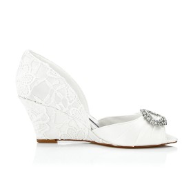 Scarpe Sposa Avorio Con Catena Fibbia Sandali In Raso Con Tacco Medio Spuntate Zeppa Eleganti Scarpe Cerimonia Con Strass D orsay