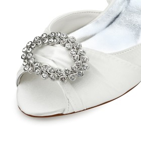 Scarpe Sposa Avorio Con Catena Fibbia Sandali In Raso Con Tacco Medio Spuntate Zeppa Eleganti Scarpe Cerimonia Con Strass D orsay