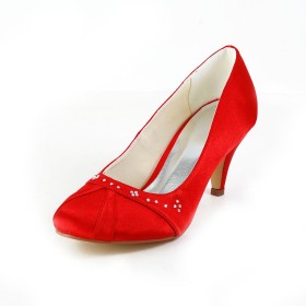 Satin Abendschuhe Pumps Elegante 7 cm Mittlerer Absatz Rot Mit Strasssteine