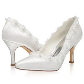 3 inch High Heel Pumps Slip On White Wedding Shoes For Bridal Beautiful Pearls