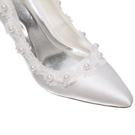 3 inch High Heel Pumps Slip On White Wedding Shoes For Bridal Beautiful Pearls